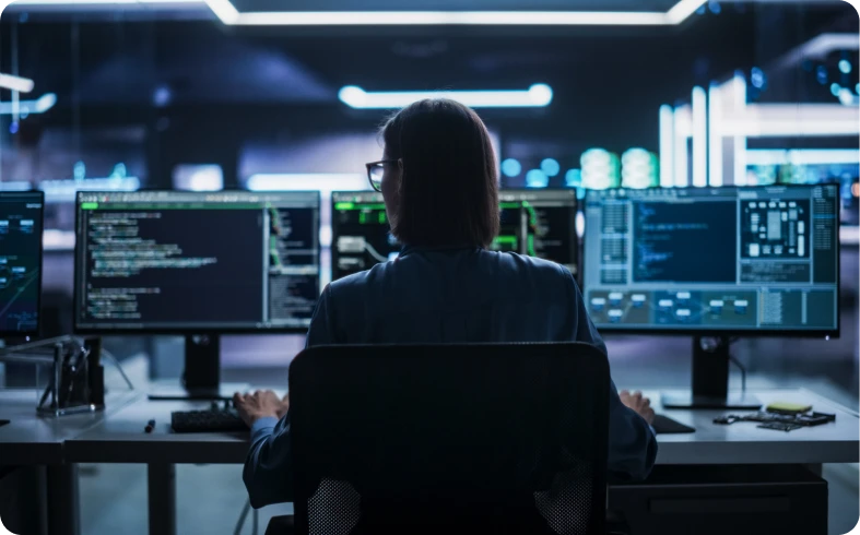Person analyzing data on multiple computer screens