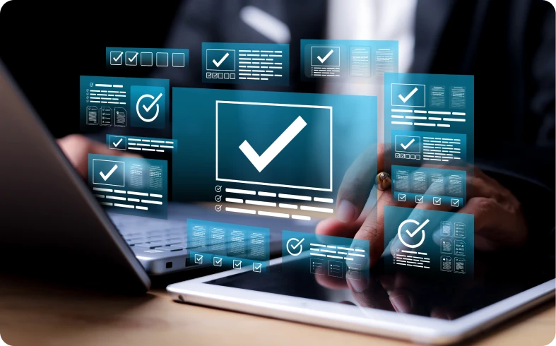 Businessman interacting with digital checkmark screens